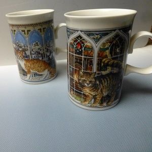 2 dunoon christmas cats at window coffee tea mugs
